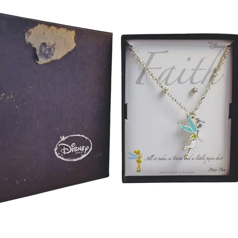 Disney Tinker Bell Necklace and Earring Set Silver Tone NIB - Picture 1 of 9